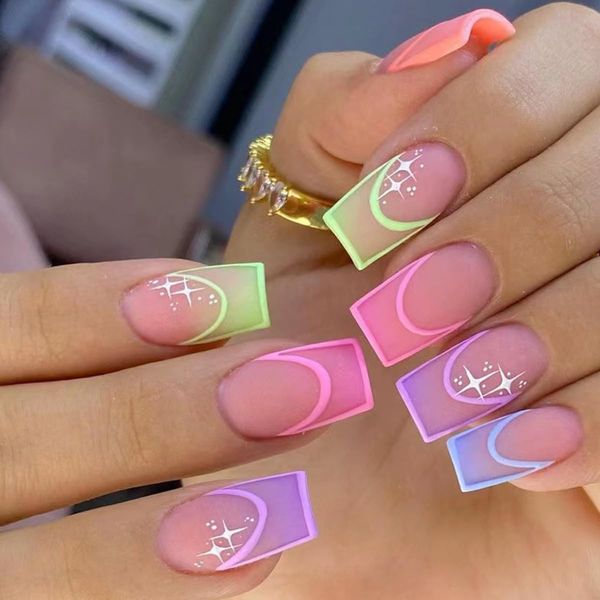 24pcs Short Square False Nails Color Swirl Stick on Nails Start Nude Pink Press on Nails Acrylic False Nails Removable Glue-on Nails Full Cover Fake Nails Women Brides Nail Art Accessories