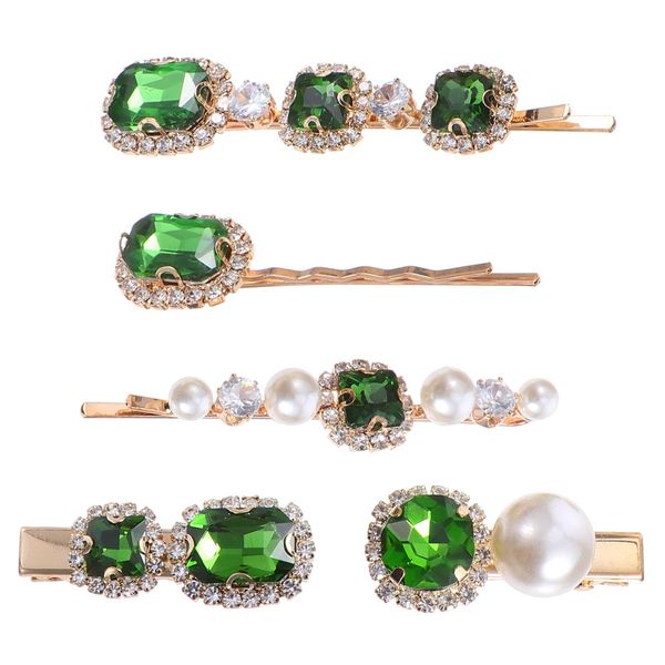 Frcolor Hair Pins, Rhinestone Hair Clips, Pearls, Three Pins, Hair Clips, Bangs, Hair Accessories, Stylish, Set of 5 (Green 2)