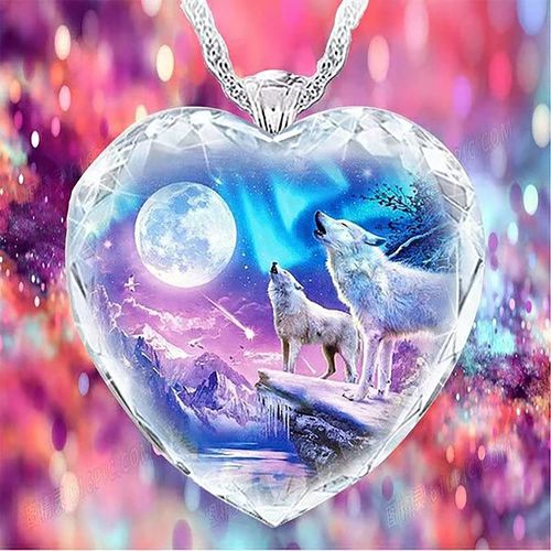 Yixikejiyouxian 925 Pure Silver Crystal Sparkle Gem Necklace Wolf Pendant Elegant Jewelry Snow Wolf Moon Heart Necklace Gift Couple Gifts - Crystal