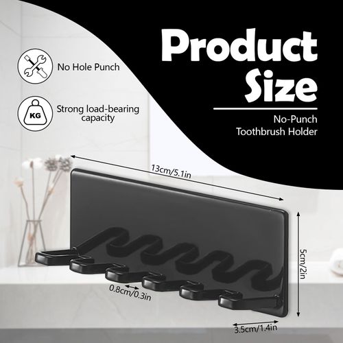 5 Slots Self Adhesive Toothbrush Holder for Bathrooms Wall Mounted, Hanging Shower Tooth Brushing Holder, Carbon Steel Electric Toothbrush Head Holder Organizer Hanger for Razor Home (Black)