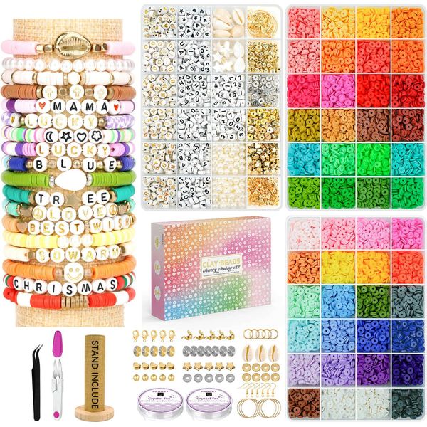 Paodey Friendship Bracelet Kit, 14,000pcs 48 Colors Clay Beads Bracelet Making Kit with Holder Jewelry Maker with Number Letter Bead Silver Gold Spacer Bead Set Gift for Kids Teen Girls Crafts