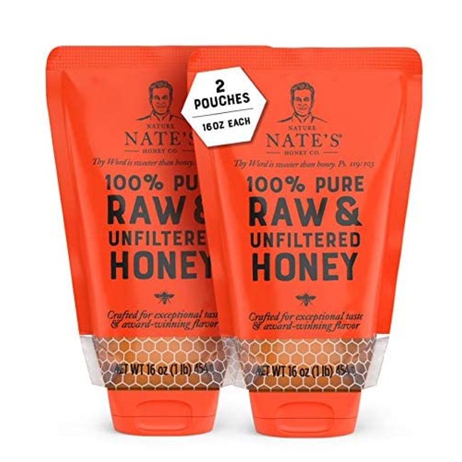 Nature Nate's 100% Guarantee Pure Raw & Unfiltered Honey, No-Drip Sustainable Squeeze Pouch, 16 Oz (Pack of 2)