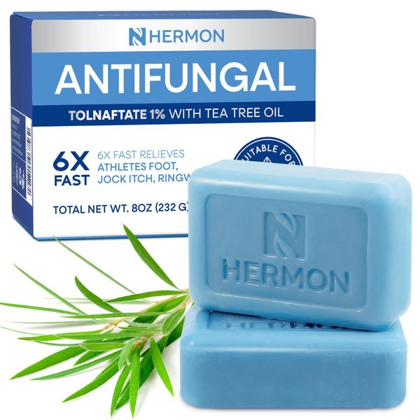 Hermon Antifungal Soap with Tea Tree Oil: Antifungal Bar Soothing Care & Relief of Itchy for Ringworm Jock Itch Tinea Versicolor Athletes Foot - Body & Face Wash for Men and Women