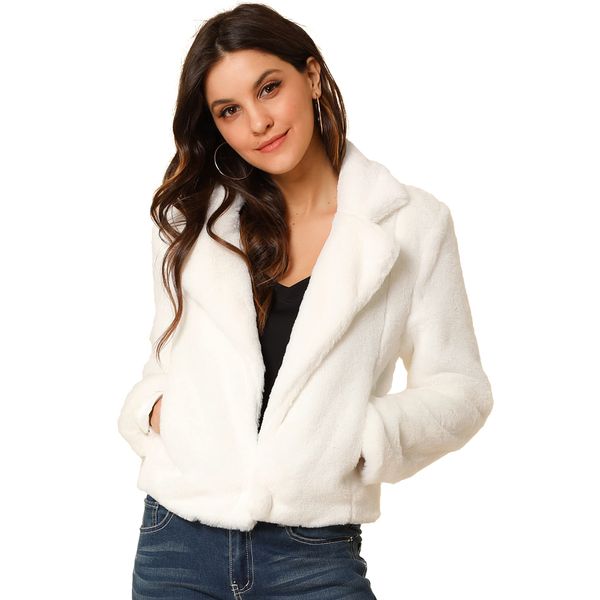 Allegra K Women's Cropped Faux Fur Jacket Lapel Cardigan Shrug 2023 Winter Fluffy Faux Fur Coat Small White