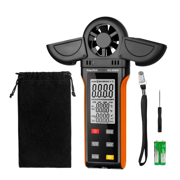 Anemometer Handheld, WapoRich Digital Wind Speed Meter Measures Humidity/Temp/Air Speed 0.67～67.10MPH with MAX/MIN/AVG, 6 Wind Units, 270º Rotatable Head, Backlight for Outdoor Drone HVAC RQ-5000K