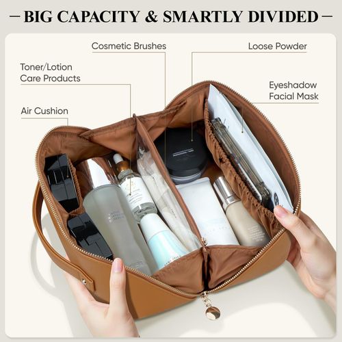MSTONAL Travel Makeup Bag, Large Capacity Cosmetic Bags for Women, Waterproof Portable Pouch Open Flat Make up Organizer Bag with Dividers and Handle, Toiletry Bag for Essentials, Brown