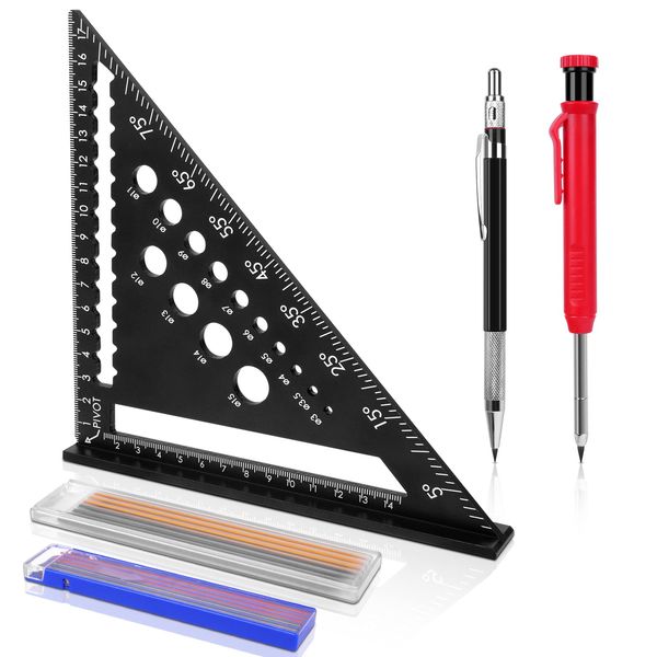 flintronic 5-in-1 Triangle Ruler Carpenters Square Tool, 18cm Combination Square with 1 Carpenters Pencils & 1 Deep Hole Marker & 20 refills, Carpenter's Layout Ruler Precision Goniometer