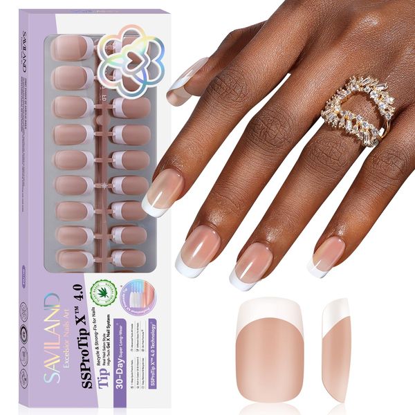 SAVILAND PRESS ON NAIEL: French Gel Nail Tip SSProTip X™ Long Lasting French Press for Nails : Strong Fit Short Square French Tip Nail Nude 150 Pcs Nail Tips Natural & Thick Soft Gel Fake Nails DIY