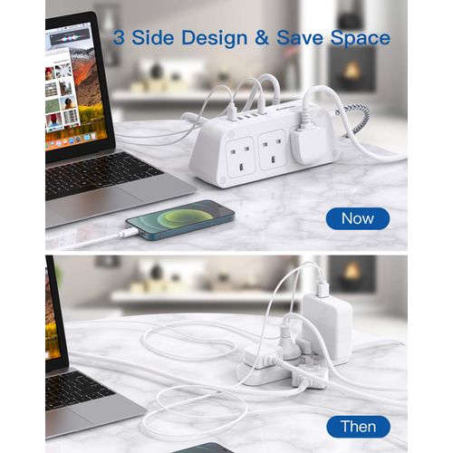 3M Extension Cable, Extension Lead with 6 Way Outlets 5 USB(5A, 1 USB C and 4 USB A Ports), 3250W Overload Protection, 3M Braided Extension cord, Surge Protection Plug Extension Socket