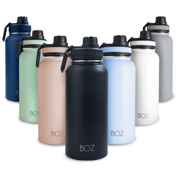 BOZ Stainless Steel Water Bottle 1l, Insulated Water Bottle, Wide Mouth BPA Free 1 Litre Water Bottle, Vacuum Double Wall Metal Water Bottle, Matte Black Water Bottle