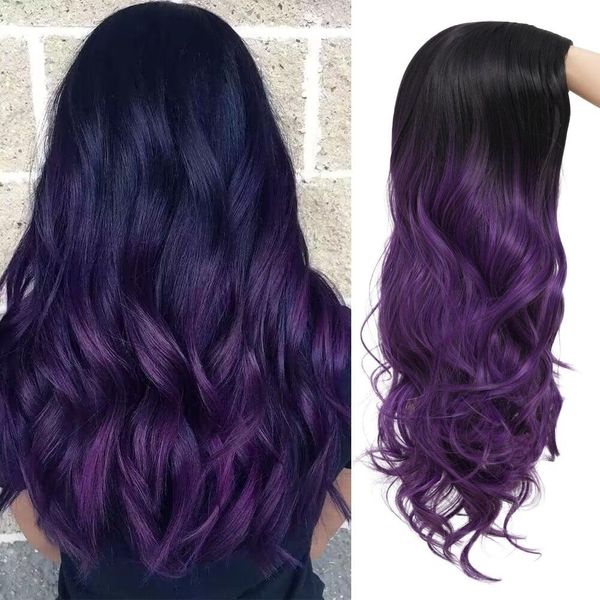 Salaibs Womens Black to Purple Long Curly Wig Ombre Purple Wavy Wave Middle Part Hair Wigs Synthetic Fiber Cosplay Halloween Wig