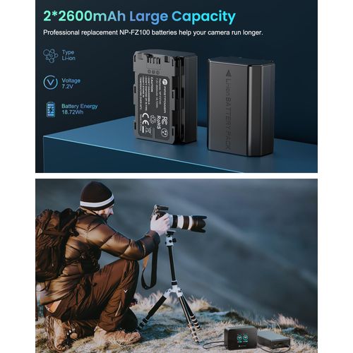 FirstPower NP-FZ100 Battery and 20W Fast Dual LCD Charger, 2-Pack 2600mAh Replacement Battery for Sony FX3, FX30, A7iii, A7iv, A7C, A6600, A6700, ZV-E1, ZV-E10ii, A9, A9S, A7R III, A7R IV, A7R V