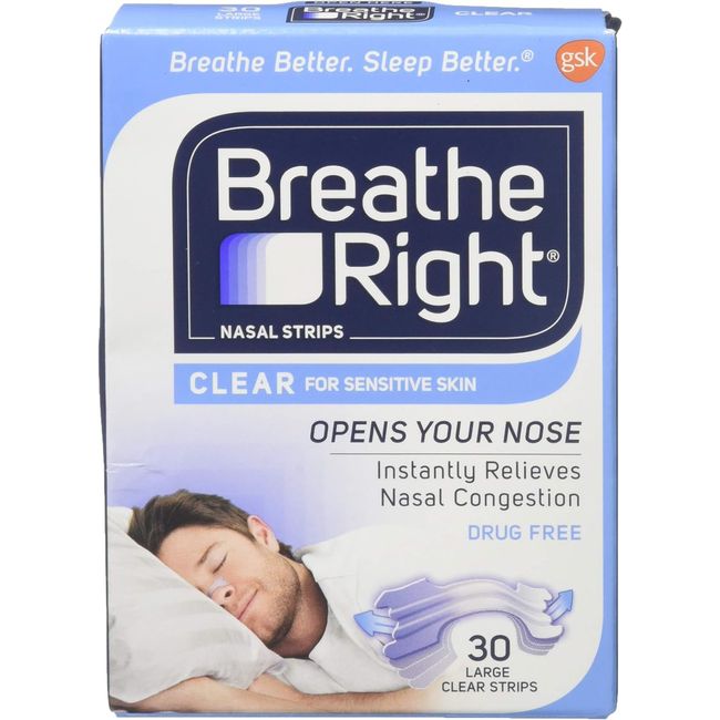 Breathe Right Nasal Strips Clear for Sensitive Skin Large 30 Each (Packs of 4)