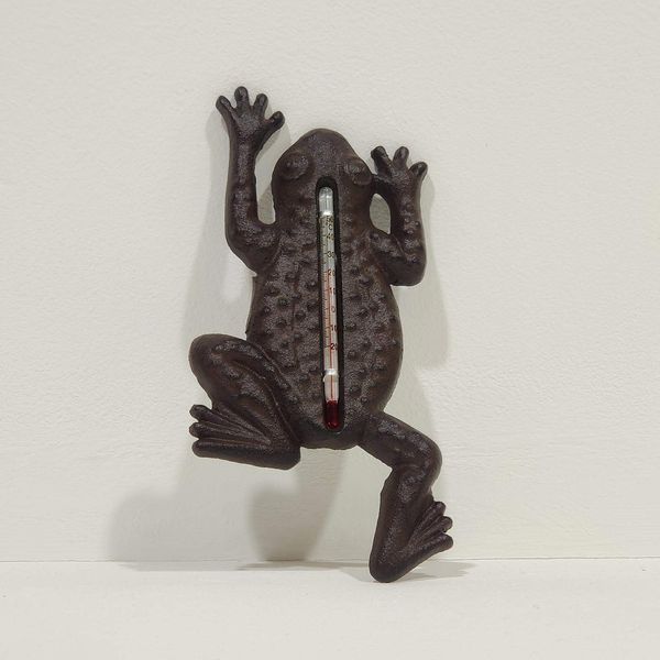 HOMESCAPES Brown Cast Iron Garden Thermometer Wall Mounted Garden Frog Shaped Temperature Gauge