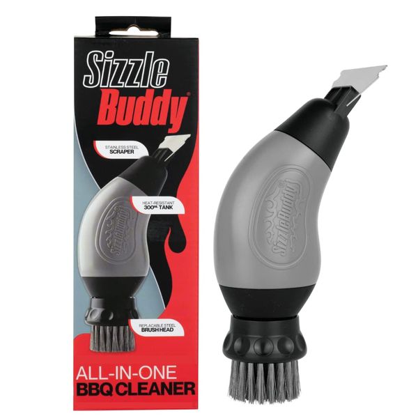 Sizzle Buddy BBQ Brush with Scraper - Stainless Steel BBQ Cleaning Brush - Safe, Durable, Heatproof Bristles - Easily Removes Grease & Food - No Scratch Cleaning BBQ Accessories - BBQ Cleaning Kit