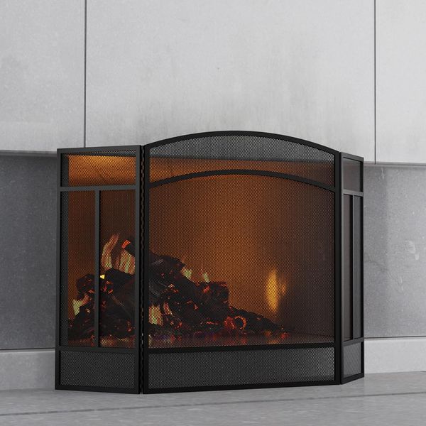 Fireplace Screen 3-Panel Wrought Iron Black Spark Guard Decorative Folding