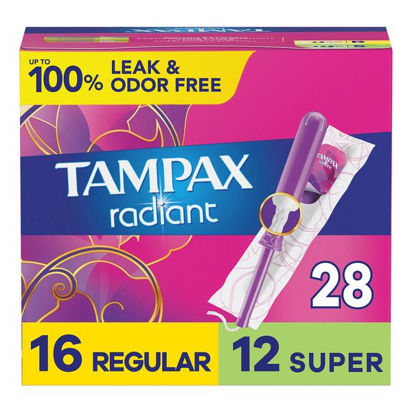 Tampax Radiant Tampons Multipack With Leakguard Braid, Regular/Super Absorbency, With Leakguard Braid, Unscented, 28 Count