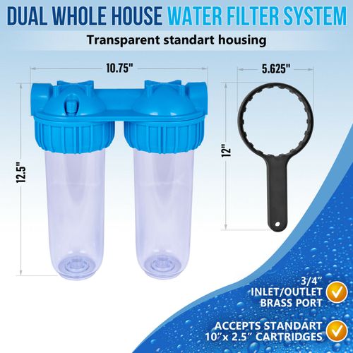 Dual Whole House Water Filter Purifier with Yearly supply of PP and CTO Filters
