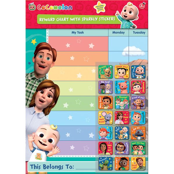 Paper Projects CoComelon Everyday Reward Chart | Includes 56 Sparkly Stickers | Colourful Chart is Wipe-Clean