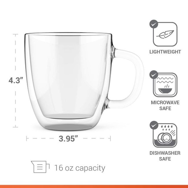 Large Coffee Mug, Double Wall Glass 16 oz - Dishwasher & Microwave Safe - Clear, Unique & Insulated with Handle, by Elixir Glassware