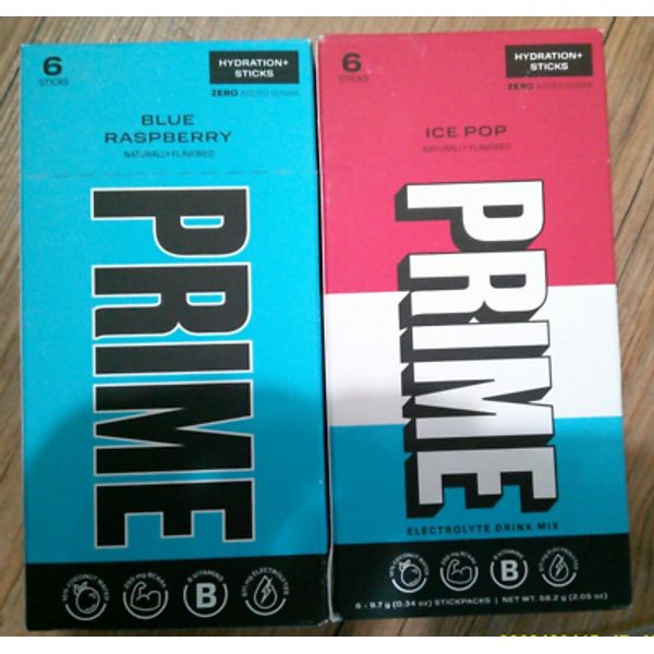 2 NEW PRIME HYDRATION DRINK sticks ICE POP & BLUE RASPBERRY flavor 12 packets