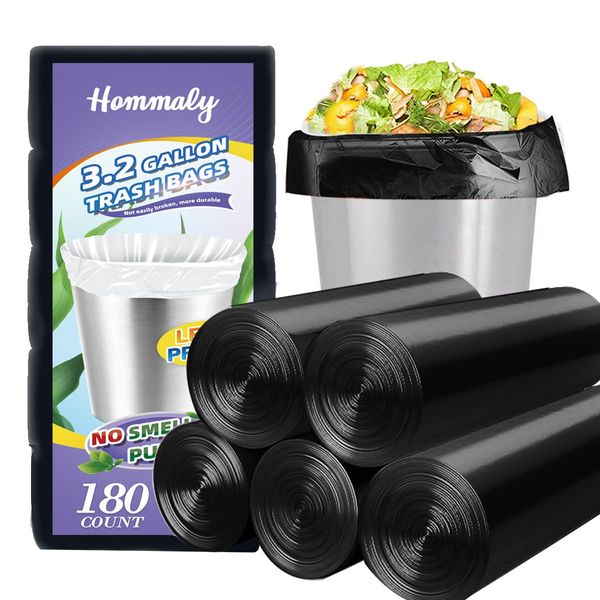 Hommaly 3 Gallon Small Black Trash Bags, 180 Count, Leakproof and Strong, Ideal for Office, Kitchen, Bathroom, and More