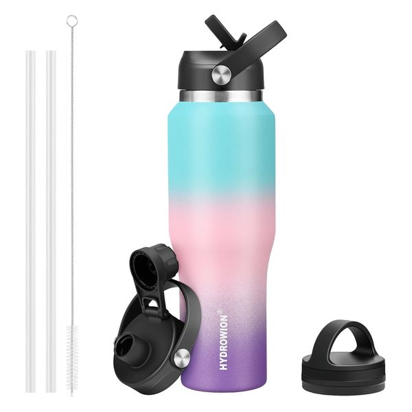 HYDROWION Stainless Steel Water Bottle, 32oz Wide Mouth Double Wall Vacuum Insulated Water Bottle with Straw Lid, Spout Lid and Flex Cap, Leakproof,Fit in Any Car Cup Holder, Mint&Pink&Purple