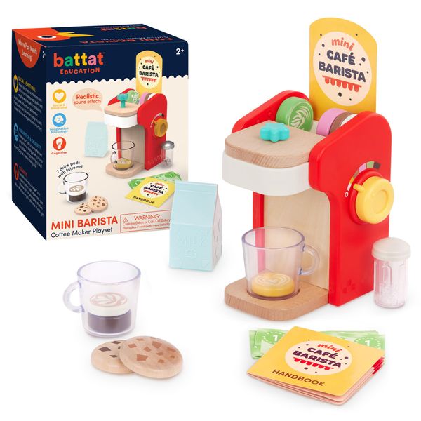 Battat Education – Wooden Barista Playset – Toy Coffee Maker & Accessories with Realistic Sounds(22 Pieces) – Pretend Play Toy – Play Kitchen Toys – 2 Years + – Mini Barista