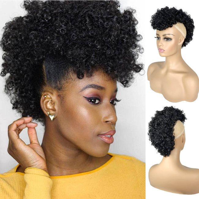 UAmy hair Afro Puff Mohawk Ponytail Jerry Curly Non Drawstring Ponytail Clip in Synthetic Fauxhawks Afro Puff Bun with Bangs Short Afro Kinky Curly Hair Bun Warp Hair Extensions with 6 BB Clips 1B