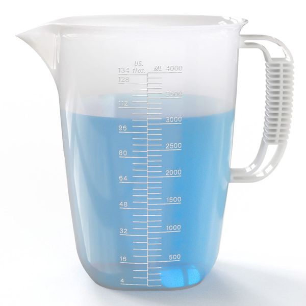 1 Gallon Measuring Pitcher-Convenient Conversion Chart,134oz Extra Large Plastic Measuring Cup-Strong Food Grade Material,Graduated Mixing Pitcher Great for Lawn,Pool Chemicals, Motor Oil and Fluids