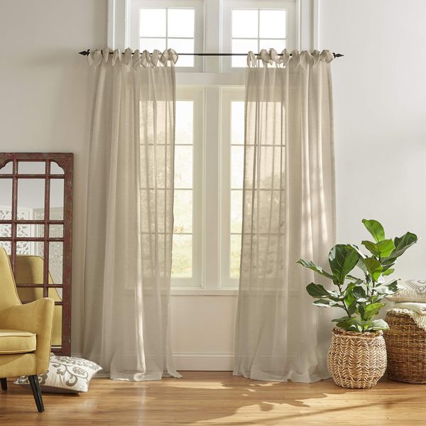 Elrene Home Fashions Vienna Sheer Tie-Top Window-Curtain Panel, 52 in x 95 in (1 Panel), Flax