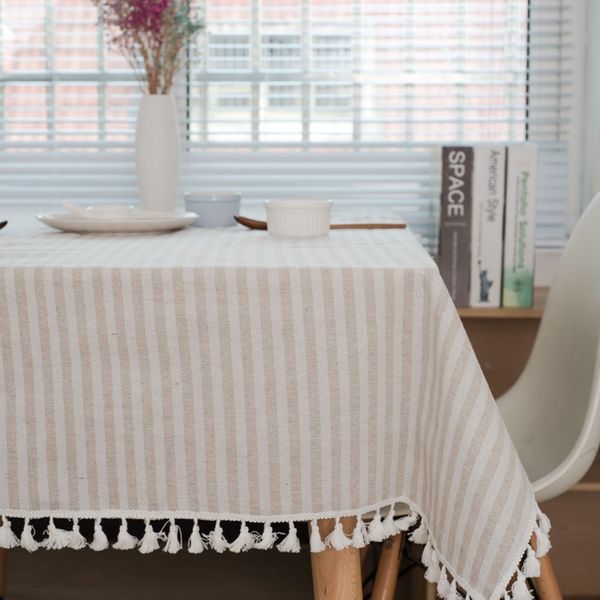 meioro Tablecloths Striped Tassel Table Cloth Rectangular Tablecloth Cotton Linen Table Cover Suitable for Home Kitchen Decoration (Apricot/White Stripes, 130×180cm)