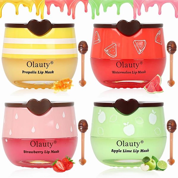 4Pcs Bee Balm Lip Balm Honey Pot, Honey & Strawberry & Watermelon & Apple Moisturising Lip Mask to Reduce Lip Lines, Sleeping Lip Mask with Sticks, Hydrate Prevent Dry & Cracked Lips Honey Lip Balm