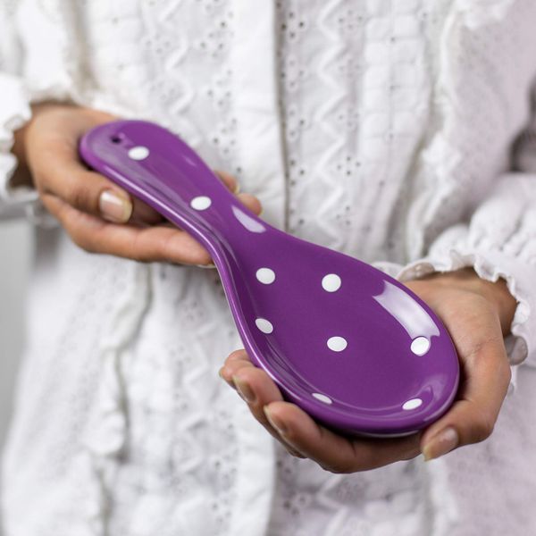 City to Cottage Purple and White Polka Dot Handmade Hand Painted Ceramic Kitchen Cooking Spoon Rest