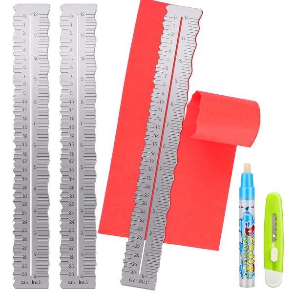 3 Pcs Metal Paper Tearing Ruler Craft Ruler Stainless Steel Deckle Edge Ruler Paper Cut Tool Irregular Edges Measuring Tool with Water Pen for School Scrapbook