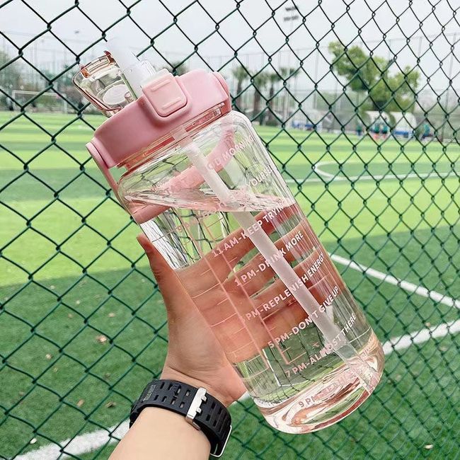 Large 2 Liters Water Bottle Drink With Straw Travel Women Time