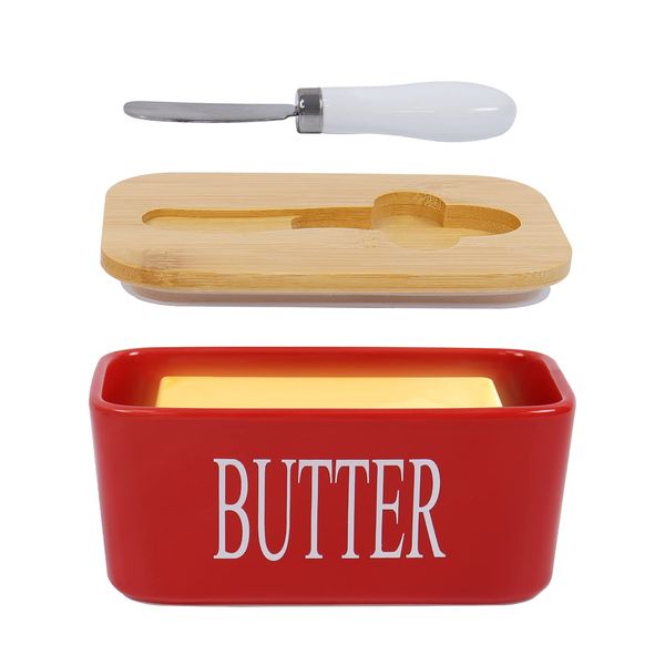 Porcelain Butter Dishes with Lids, Airtight Silicone Butter Box Butter Container for Butter,Nuts, Cheese,Red+ButterKnife