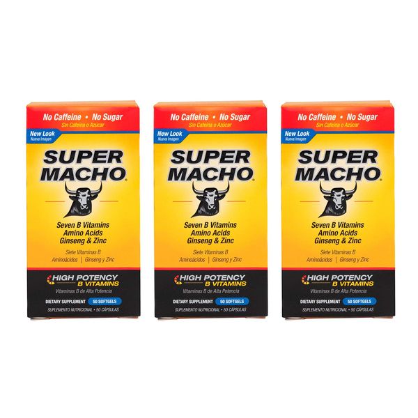 Super Macho Dietary Supplement with High Potency Zinc & 7 B Vitamins, No Preservatives, Sugar or Caffeine, Made in USA, 50 Softgels (3 Pack)