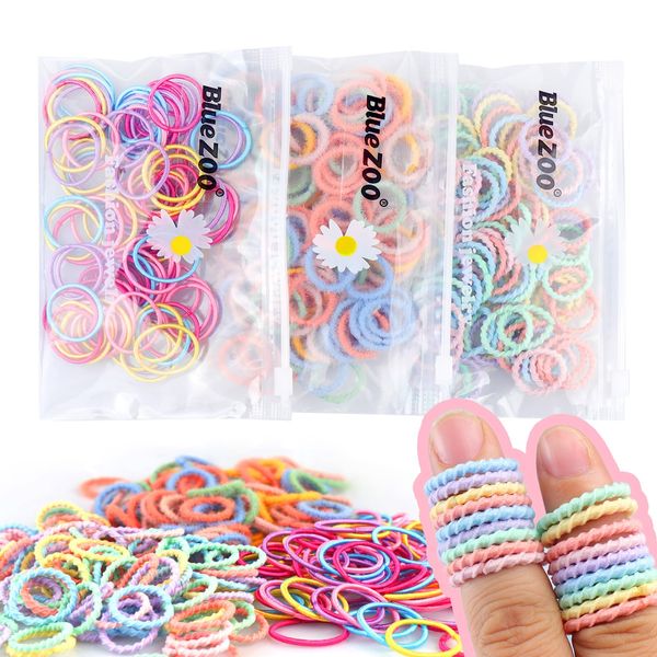 300PCS Elastic Hair Bands for Kids and Women, 3 Styles Small Thin Hair Ponytail Holder, Baby Girls Hair Ties No Damage, Diameter 1.0inch Mini Colorful Rubber Bands Accessories, Daughter Birthday Gift