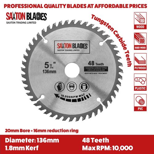 Saxton TCT Circular Wood Saw Blade 136mm x 20mm (16mm Ring) x 48 Teeth Compatible with Bosch Makita etc