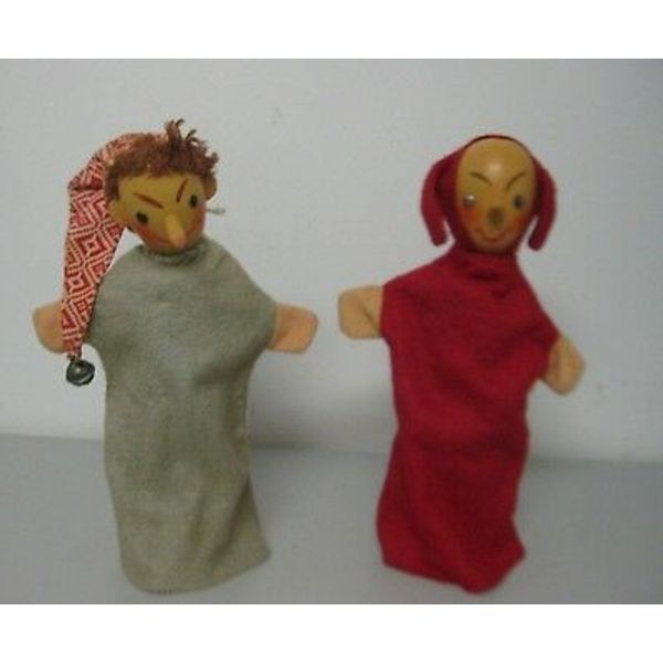 Vintage Jester and Rip Van Winkle Wooden Head Hand Puppets Set of 2