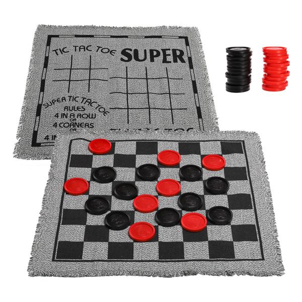 Yarlung Gaint Checkers Set Tic Tac Toe Game with Reversible Rug, 3 in 1 Jumbo Checkers Game Board for Family Camping, Yard, Lawn Games, 2 Players