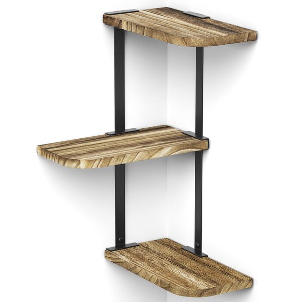 Love-KANKEI Corner Shelf Wall Mount of 3 Tier Rustic Wood Floating Shelves for Bedroom Living Room Bathroom Kitchen Office and More Carbonized Black