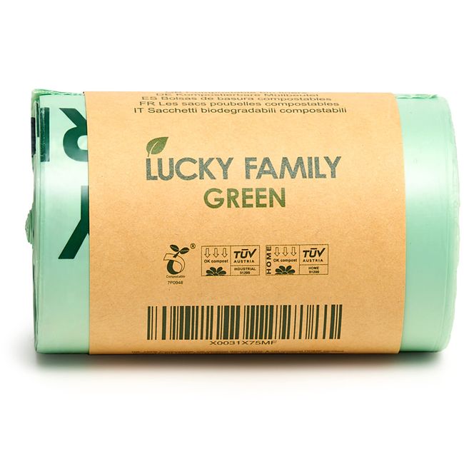 INNOTAK Lucky Family Green Compost Bags for Kitchen Countertop Bin 1.3 up to 1.6 Gallon - 100% Compostable Food Waste Trash Repurpose - Perfect Biodegradable Organic Eco Friendly - 50 Bags per Roll