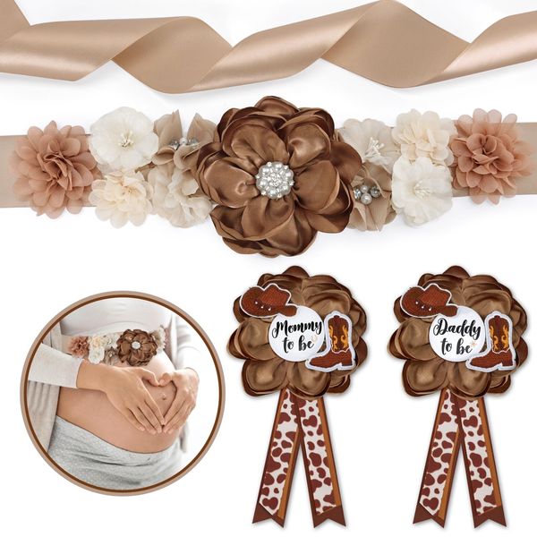 Vansolinne Western Theme Baby Shower Maternity Sash Kit Mom to Be Daddy to Be Corsage Cowboy Baby Shower Decorations Cowboy Hat Boot Belly Belt Brown Pregnancy Photo Props