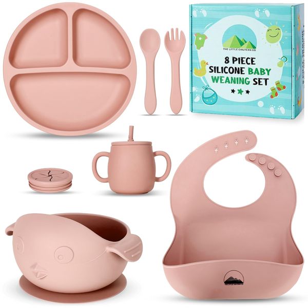 Little Chiltern Co Baby Weaning Set - 8 Pcs Silicone Baby Feeding Set with Adjustable Bib, Suction Bowl & Plate, Cup, Fork & Spoon - Microwave & Dishwasher Safe - Self Eating Utensil Set - Pink