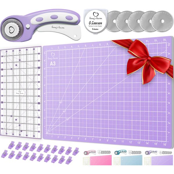 Rotary Cutter Set pink - Quilting Kit incl. 45mm Fabric Cutter, 5 Replacement Blades, A3 Cutting Mat, Acrylic Ruler and Craft Clips - Ideal for Crafting, Sewing, Patchworking, Crochet & Knitting x