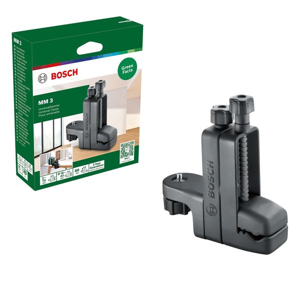 Bosch universal clamp MM 3 (with clamping range of 3-70 mm and height adjustment up to 60 mm for fast and flexible positioning of cross line lasers, in cardboard box)