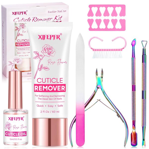 XIFEPFR Cuticle Remover Kit - Cuticle Remover Cream & Cuticle Oil, Rose Flavor Cuticle Care Kit with Cuticle Trimmer Cuticle Pusher Cuticle Nipper for Manicure, Removedor de Cuticula for Nail Care