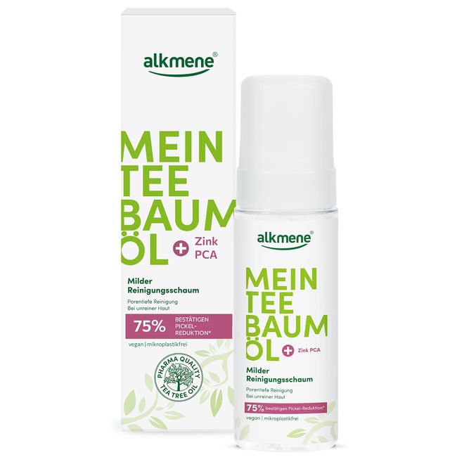 alkmene Mein Teebaumöl Reinigungsschaum Gesicht 150 ml Pickel Reduktion 75% bestätigt - naturreines Teebaumöl, vegan & klimaneutral - Gesichtsreinigungs Schaum für unreine Haut - Waschschaum